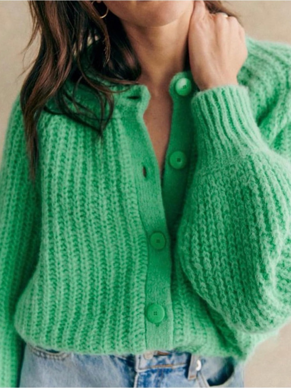 Green Chunky Knit Button-Up Cardigan Sweater